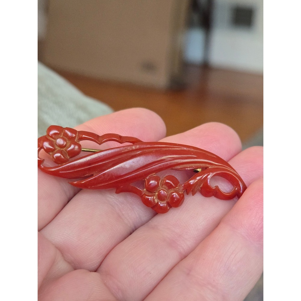 Red Bakelite Brooch Carved Flowers Floral Vintage
